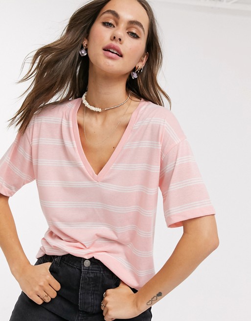 ASOS DESIGN  t-shirt with v-neck in linen mix in soft pink with stripe