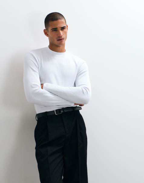 ASOS DESIGN t-shirt z długim rękawem o kroju podkreślającym sylwetkę z półgolfem w białą prążkowaną dzianinę - view 1