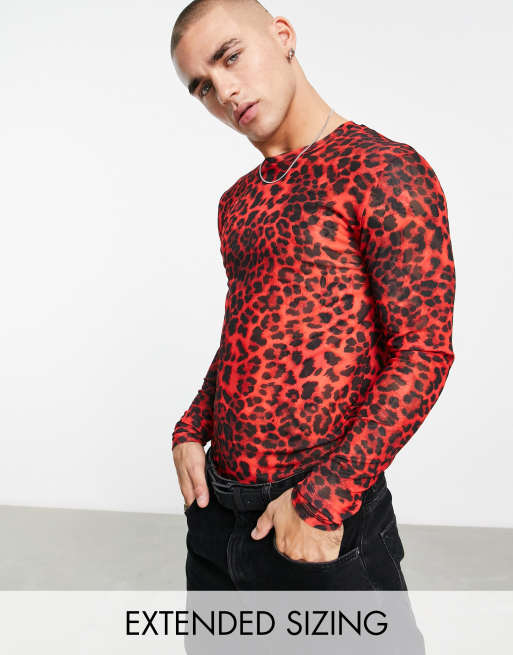 ASOS DESIGN – T-shirt z długim rękawem o kroju podkreślającym sylwetkę z siateczki w zwierzęcy wzór