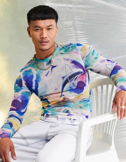 ASOS DESIGN – T-shirt z długim rękawem o kroju podkreślającym sylwetkę z wzorzystej siateczki