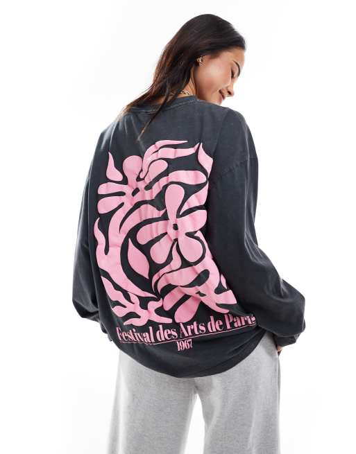 ASOS DESIGN – T-shirt z długimi rękawami i grafiką z napisem „Festival of Arts” w spranym kolorze grafitowym