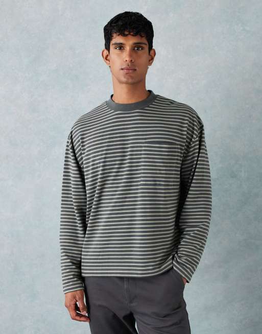  ASOS DESIGN – T-shirt z długimi rękawami i kieszonką o pudełkowym kroju oversize z grubego materiału w zielone paski 
