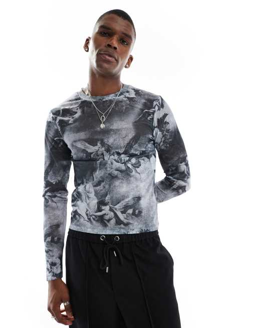 ASOS DESIGN – T-shirt z długimi rękawami o kroju podkreślającym sylwetkę ze wzorzystej siateczki