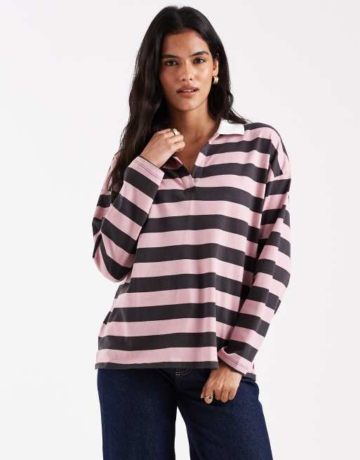 ASOS DESIGN – T-shirt z długimi rękawami w stylu rugby w paski w fioletoworóżowym i brązowym kolorze