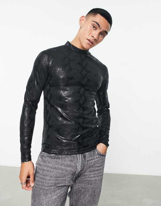 ASOS DESIGN – T-shirt z długimi rękawami z imitacji skóry w wężowy wzór
