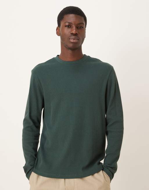 ASOS DESIGN – T-shirt z okrągłym dekoltem i długim rękawem z ciemnozielonego materiału o waflowej fakturze  