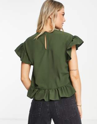 ASOS DESIGN – T-shirt z tkaniny w kolorze khaki z falbanką na rękawach i na dole