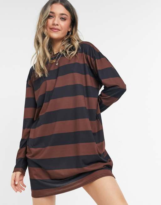 ASOS DESIGN - T-shirtowy t-shirt o luźnym kroju z długim rękawem, w czekoladowe i czarne paski