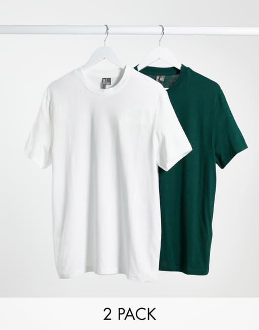 ASOS DESIGN – T-Shirts mit Rundhalsausschnitt im 2er-Pack in Weiß und Khaki