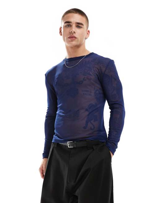 ASOS DESIGN - T-shirts moulant en tulle à manches longues - Bleu marine
