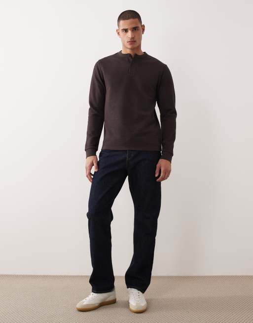 ASOS DESIGN - T-shirts texturé à manches longues et col boutonné - Marron  , 2 de 5