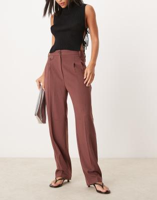 Asos Design Tab Detail Straight Leg Tailored Pants In Burgundy-brown