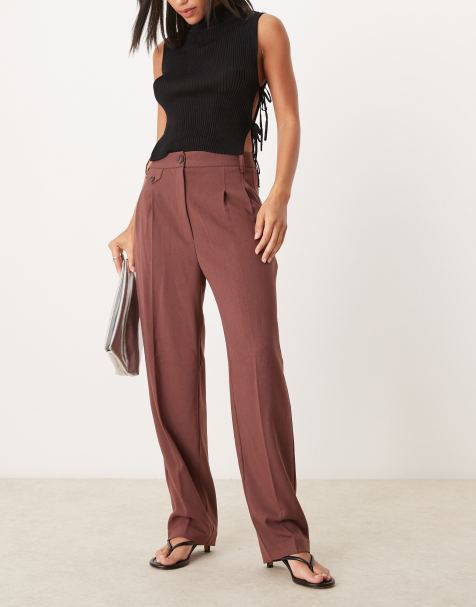 ASOS DESIGN tab detail straight leg tailored pants in burgundy - view 1