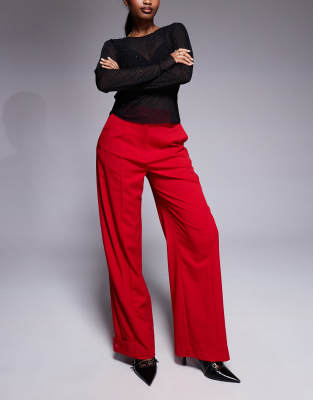 tab detail straight leg tailored pants in red