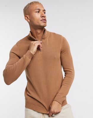 ASOS DESIGN – Tabakbrauner Pullover aus mittelschwerer Baumwolle mit halblangem Reißverschluss