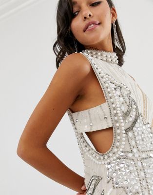 ASOS Pearl Embellished Twill Mini Dress With Curve Bust Detail in White