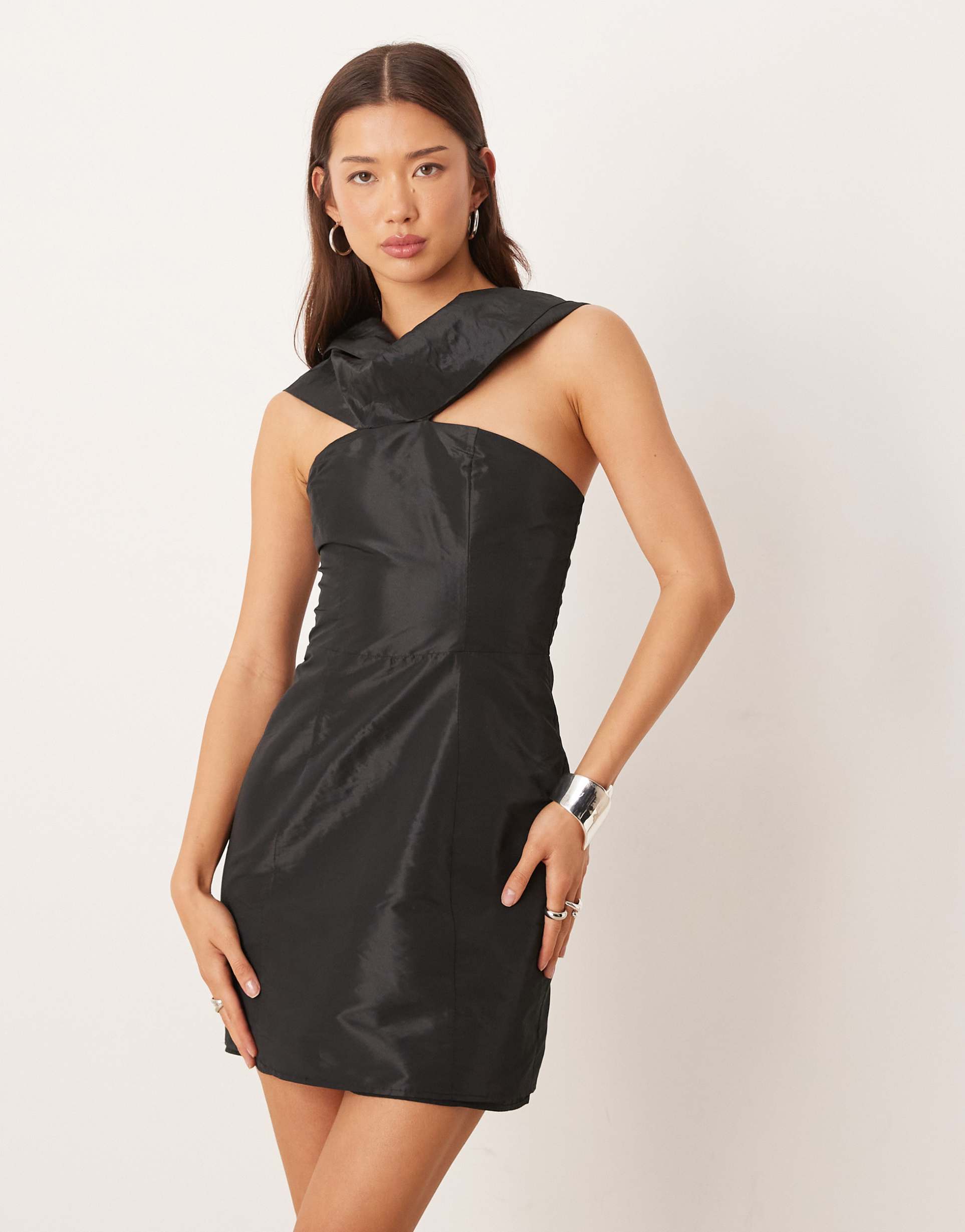 asos design taffeta bow detail mini dress in black