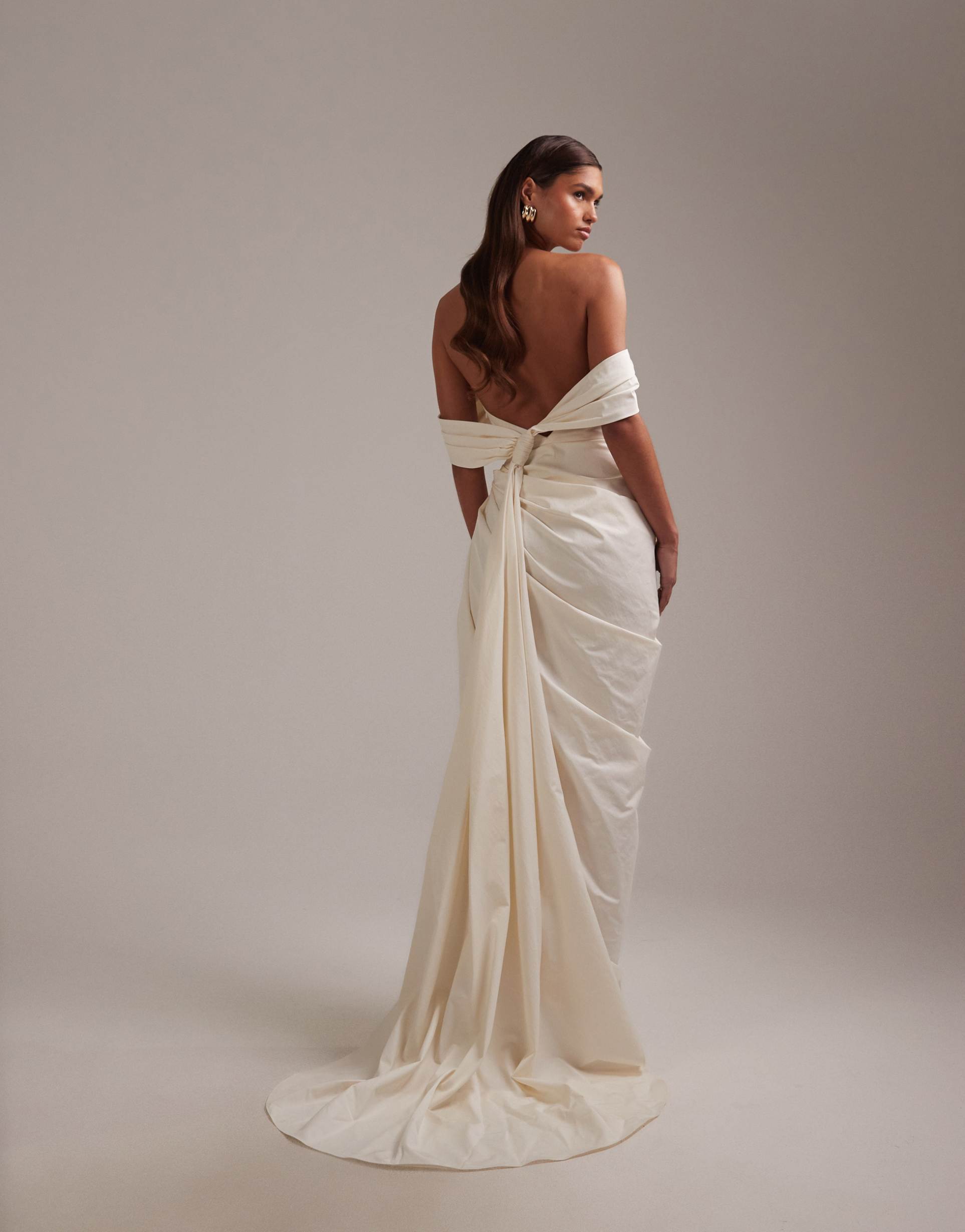 asos design taffeta draped bardot tie back maxi wedding dress in ivory
