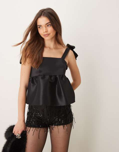 ASOS DESIGN taffeta velvet bow shoulder cami top in black - view 1