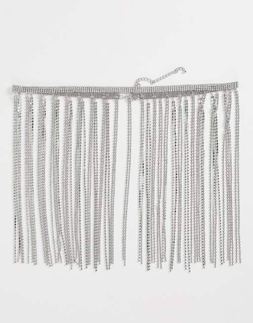 ASOS DESIGN - Taille- en heupriem met franjes en siersteentjes in zilver