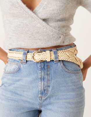 ASOS DESIGN - Taillen- und Jeansgürtel in Buttermilchgelb mit Flechtmuster und goldfarbener Schnalle