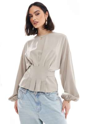 ASOS DESIGN - Taillierte Bluse in Steinbeige mit Rückenschleifen-Neutral