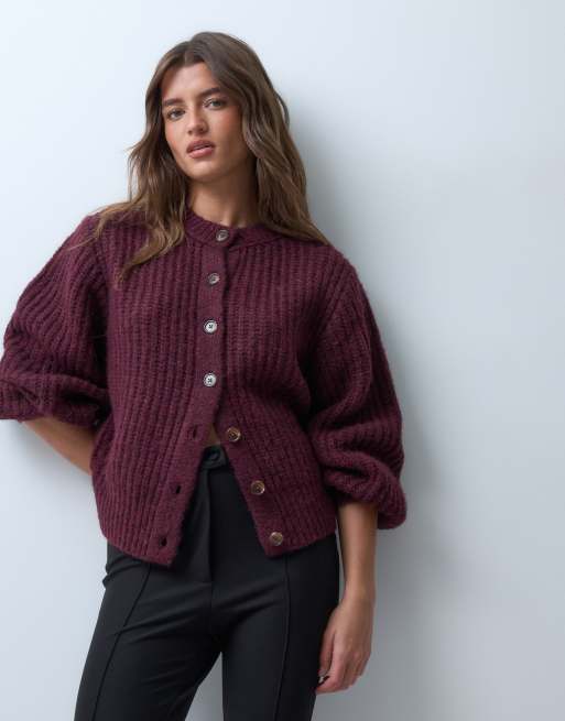 ASOS DESIGN taillierte Fisherman-Ripp-Strickjacke mit Wolle in Pflaume, 3 von 4