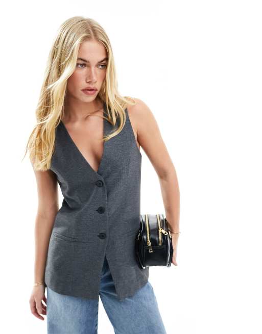 ASOS DESIGN – Taillierte Longline-Weste in Grau mit Fischgrätmuster