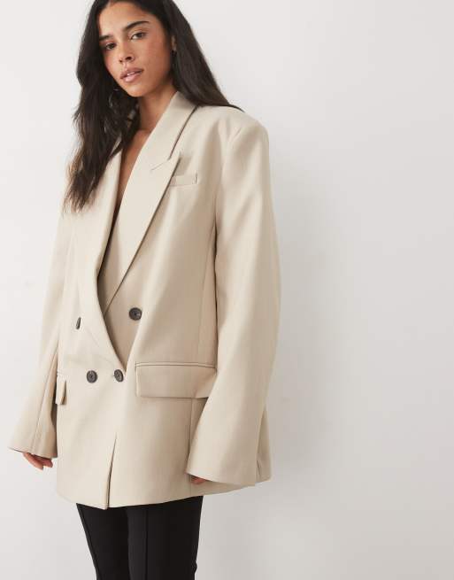 ASOS DESIGN taillierter Blazer mit markanten Schultern und doppelreihigem Verschluss in Sandmeliert, 4 von 4