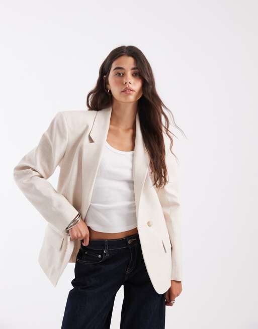 ASOS DESIGN taillierter Blazer mit markanten Schultern und taillierter Taille in Taupe-Melange