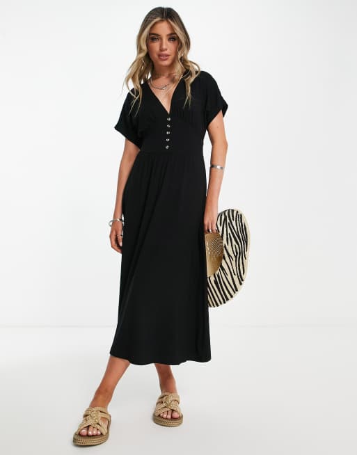 ASOS DESIGN – Tailliertes Midi-Freizeitkleid in Schwarz mit Knöpfen