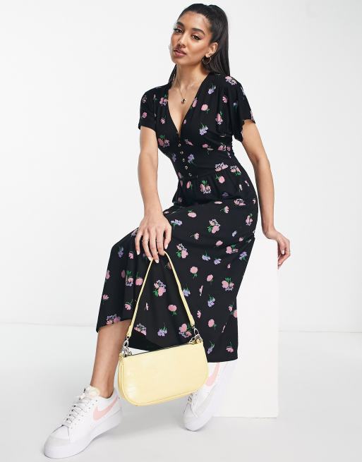 ASOS DESIGN Tailliertes Midi Freizeitkleid in Tiefschwarz mit Knopfen und Blumenmuster ASOS