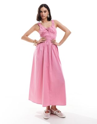 ASOS DESIGN – Tailliertes Midi-Sommerkleid in Himbeerrot mit breiten Trägern