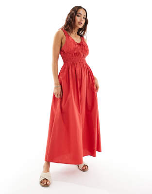 ASOS Design - Tailliertes Midi-Sommerkleid mit breiten Trägern in Rot