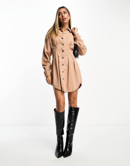 ASOS DESIGN – Tailliertes Mini-Hemdblusenkleid aus Twill in Mokka