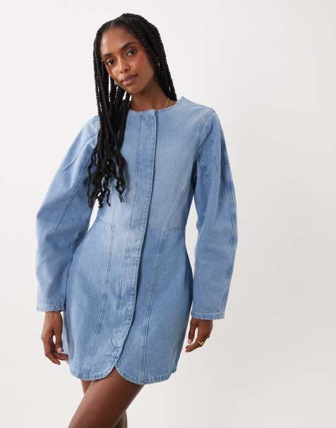 ASOS DESIGN – Tailliertes Minikleid in mittelblauer Waschung mit Cocoon-Ärmeln - view 1