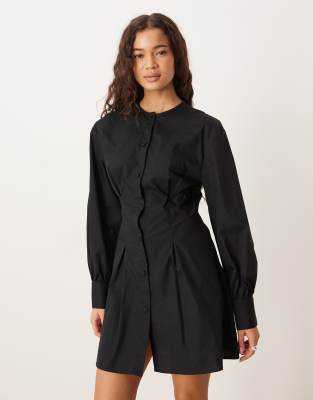 ASOS DESIGN - Tailliertes Minikleid in Schwarz mit Rundhalsausschnitt und Knopfleiste