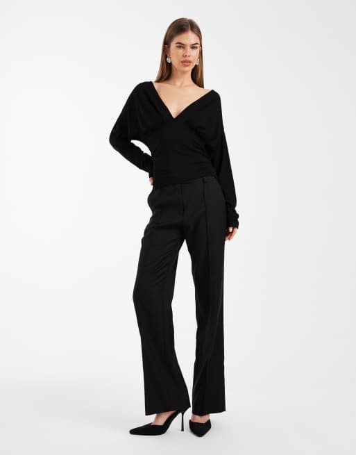 ASOS DESIGN – Tailliertes Oberteil in Schwarz mit tiefem Ausschnitt und Fledermausärmeln, 2 von 4