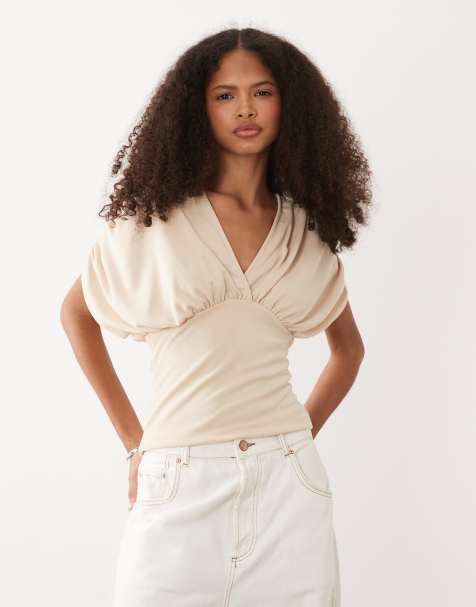 ASOS DESIGN – Tailliertes Oberteil in Steinbeige mit tiefem Ausschnitt - view 1