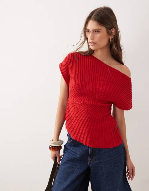 ASOS DESIGN – Tailliertes, plissiertes Strick-Oberteil in Rot - view 1