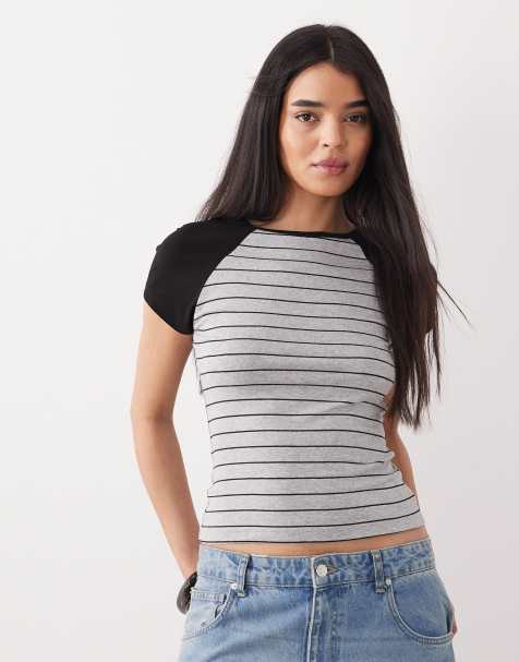 ASOS DESIGN – Tailliertes Raglan-Oberteil in Grau mit schwarzen Streifen - view 1