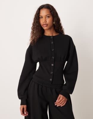 ASOS DESIGN - Tailliertes Sweat-Oberteil in Schwarz mit Knopfleiste, Kombiteil