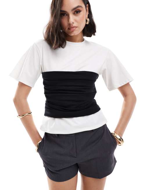 ASOS DESIGN – Tailliertes T-Shirt in Weiß mit Taillenbanddetail in Schwarz