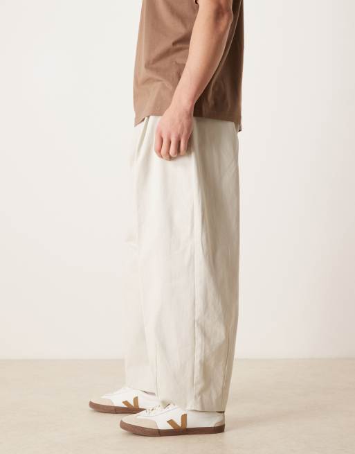 ASOS DESIGN tailored 100% cotton barrel leg trousers in ecru heavyweight twill, 3 of 5
