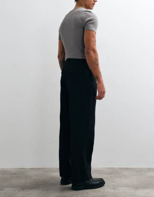 ASOS DESIGN tailored 100% cotton pleated wide leg trousers in black with back pocket flaps, 2 of 5
