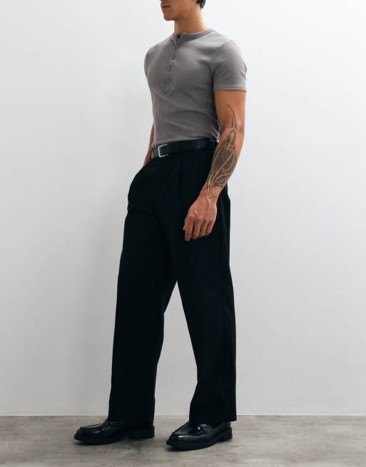 ASOS DESIGN tailored 100% cotton pleated wide leg trousers in black with back pocket flaps, 4 of 5