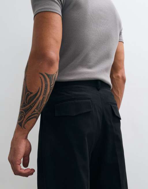 ASOS DESIGN tailored 100% cotton pleated wide leg trousers in black with back pocket flaps, 5 of 5