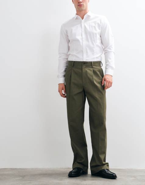 ASOS DESIGN tailored 100% cotton pleated wide leg trousers in khaki with back pocket flaps - view 1