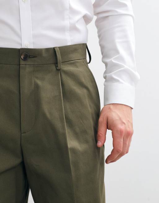 ASOS DESIGN tailored 100% cotton pleated wide leg trousers in khaki with back pocket flaps, 3 of 5