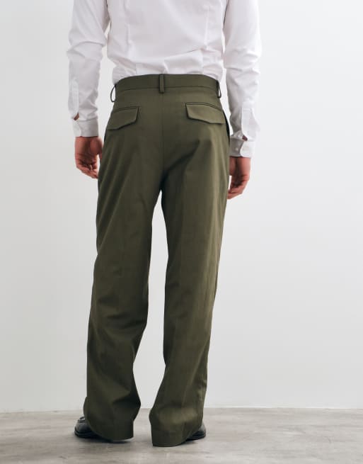ASOS DESIGN tailored 100% cotton pleated wide leg trousers with flap back pockets in khaki, 5 of 5